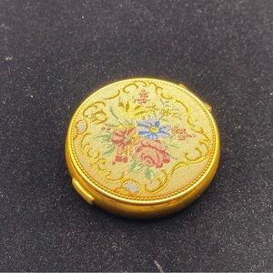 Vintage Evans Needlepoint Embroidered Floral Makeup Round Compact